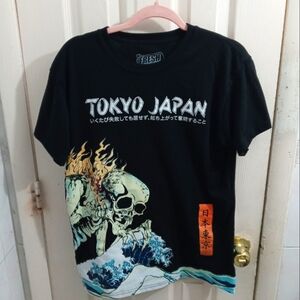Fresh Laundry Tokyo Japan Fire Skeleton Riding Ocean Wave Black Cotton Sz Medium